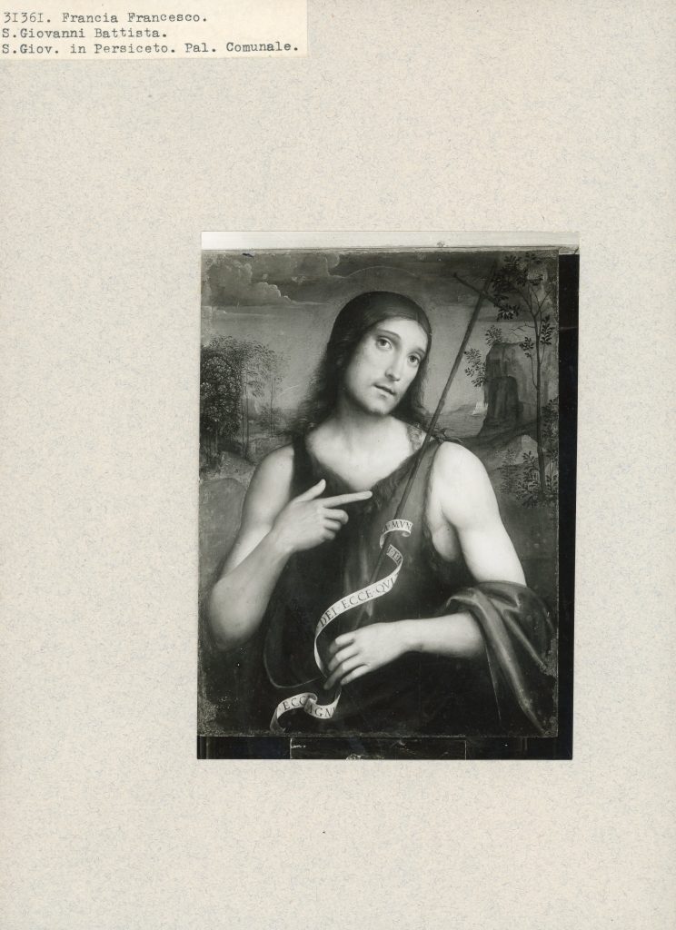 Gabinetto fotografico della Soprintendenza alle Gallerie per le province di Bologna, Ferrara, Forlì e Ravenna, Francesco Francia, San Giovanni Battista, gelatina ai sali d’argento, 1939, durante il restauro, Fototeca INSR, n. inv. 31360